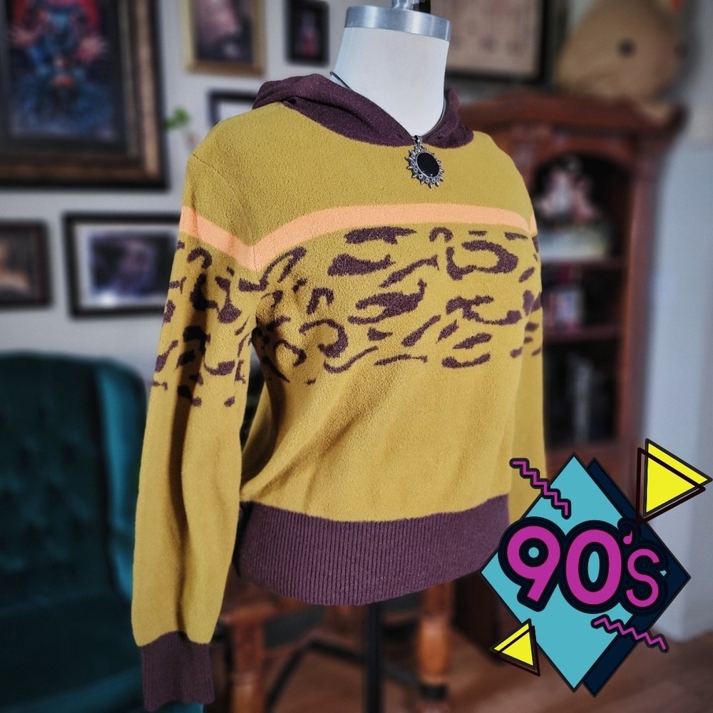 Wool Blend Hooded Sweater Vintage 90s Brown Yellow Animal Print Pullover S/M